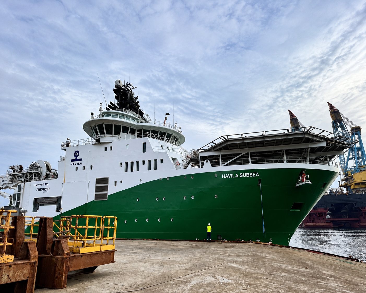 Offshore subsea construction vessel in port