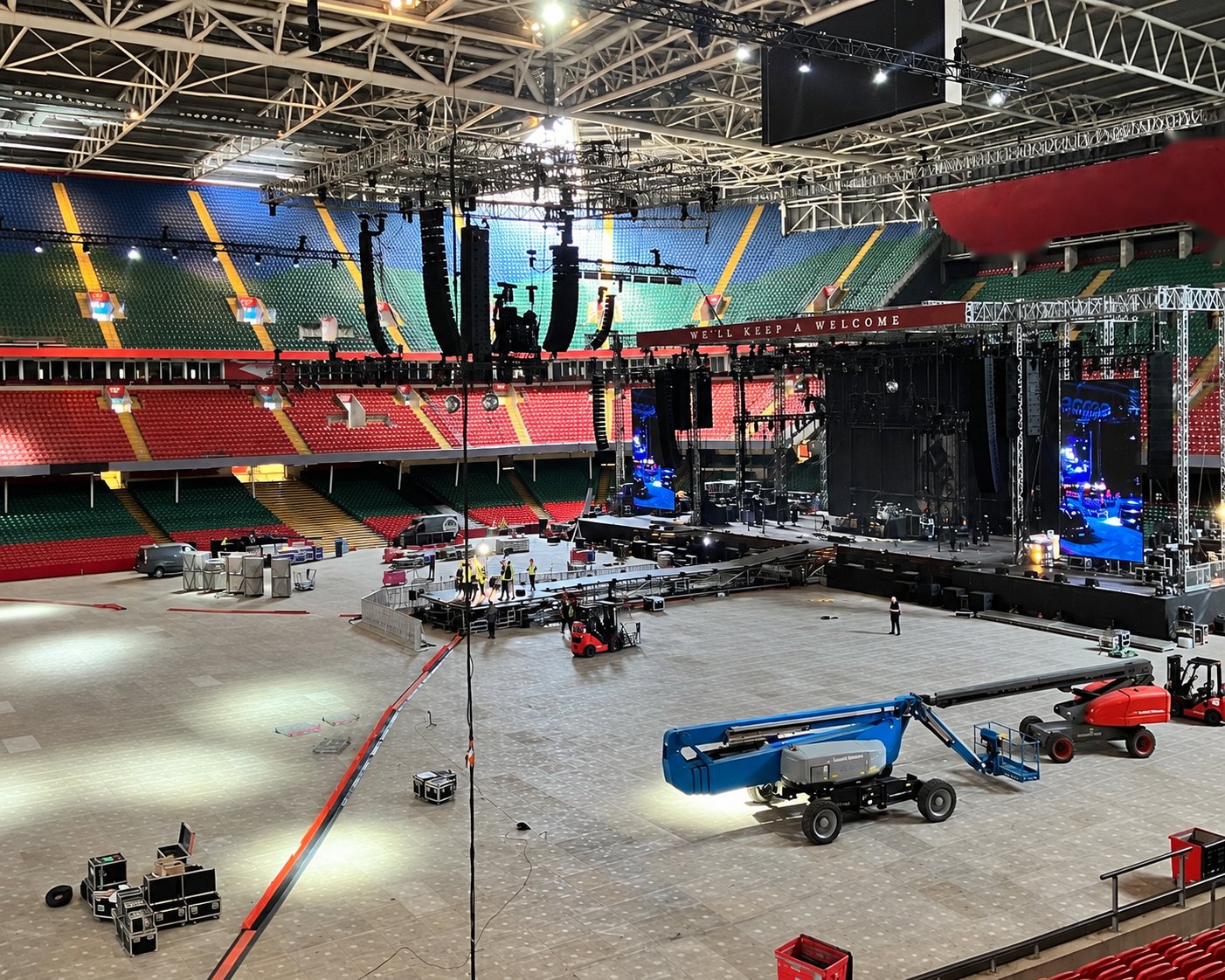 Concert stage being built in an empty stadium