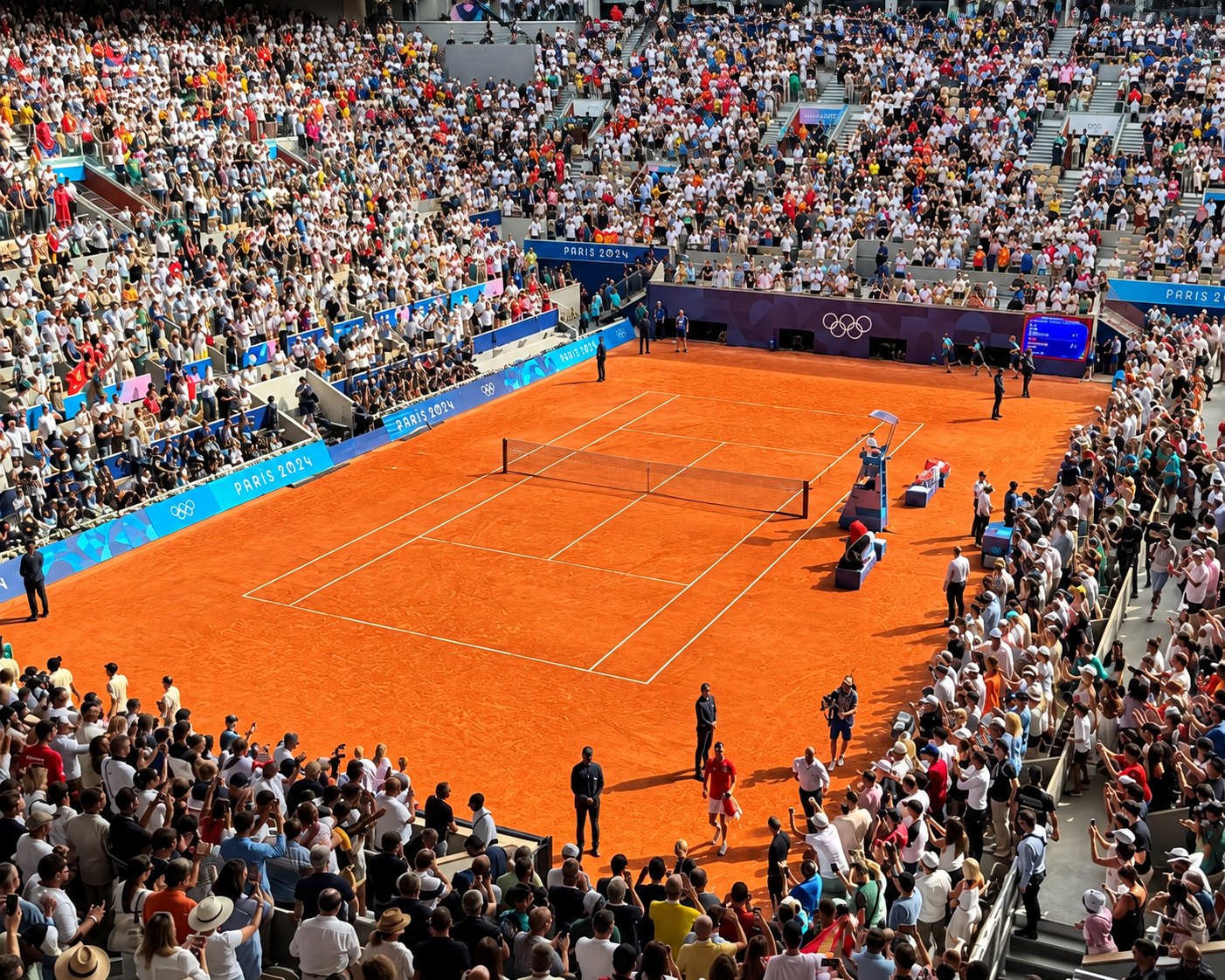 Crowd around a clay tennis court in a full stadium