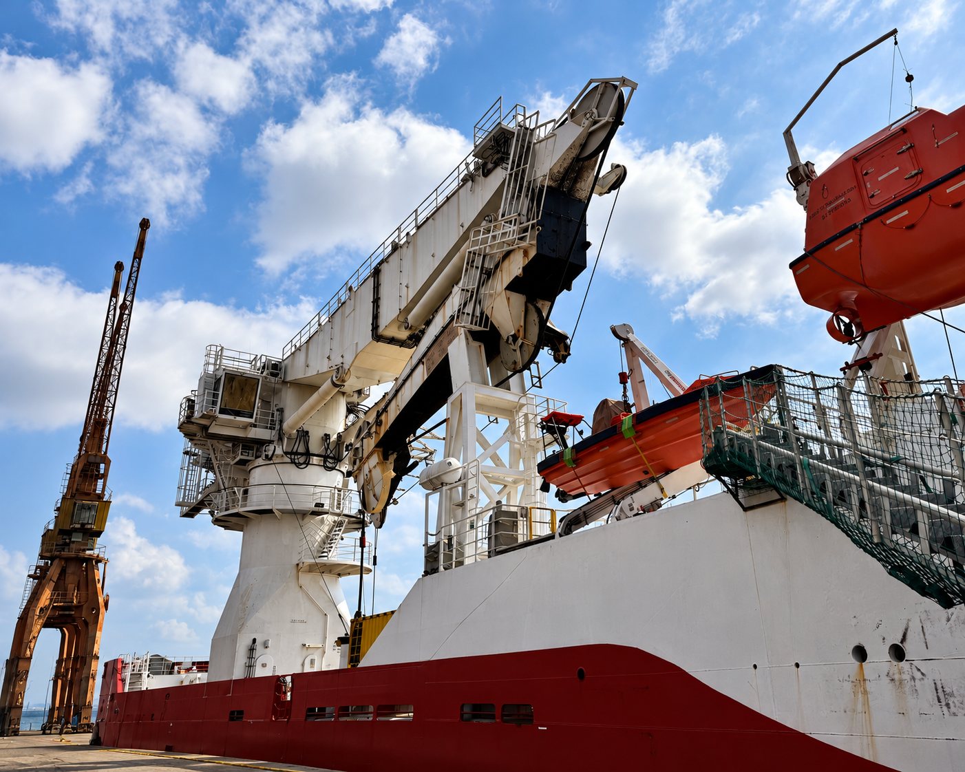Offshore energy vessel with crane and lifeboats